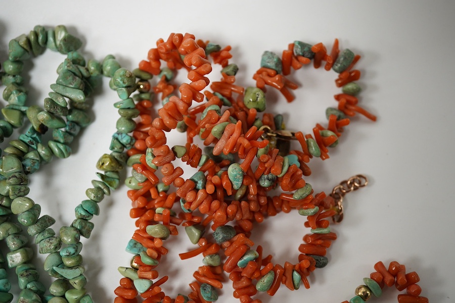 Seven assorted necklaces including turquoise and turquoise and coral longest approx. 80cm. Condition - poor to fair